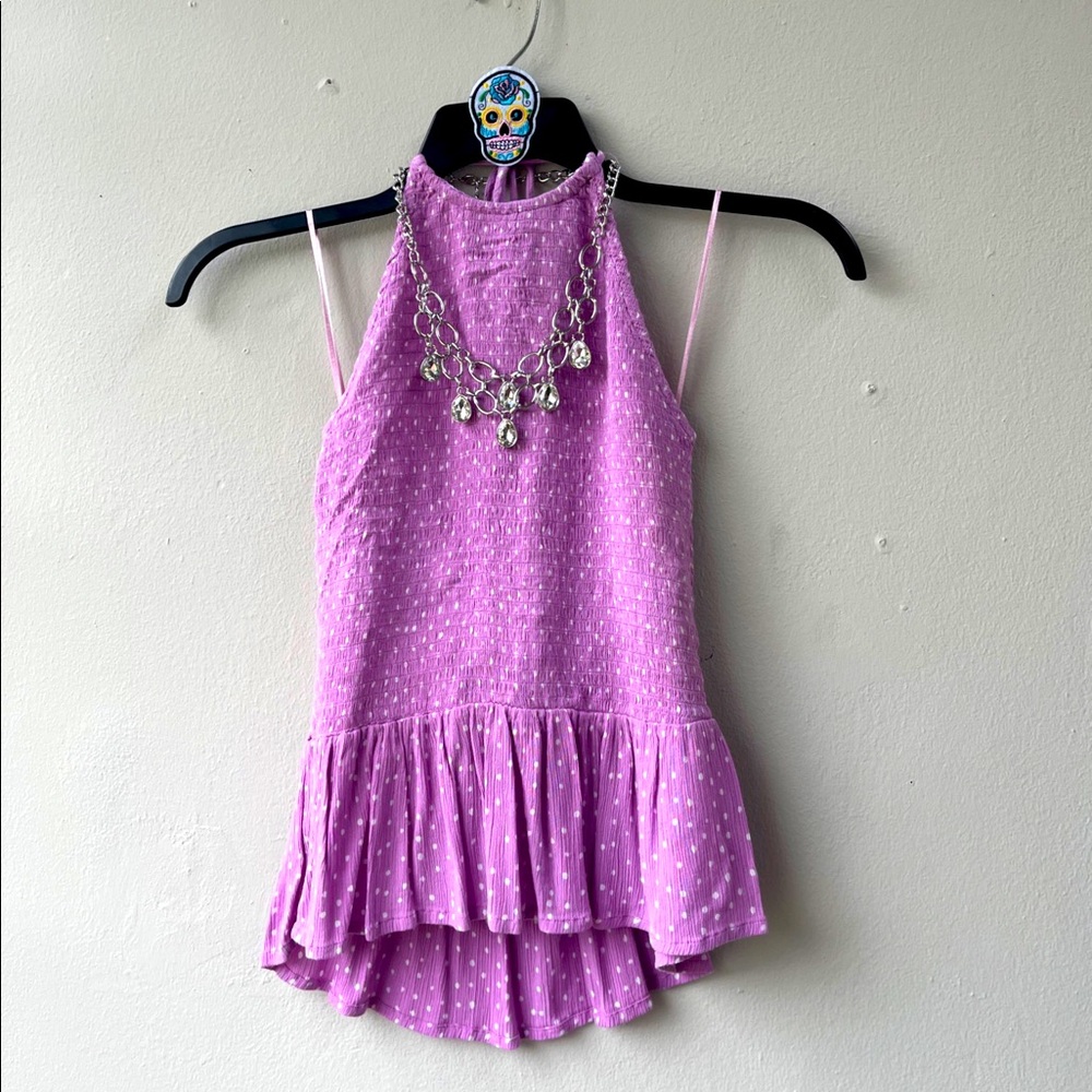 Patrons of Peace Lavender with White Polkadots Stretchy Halter Blouse